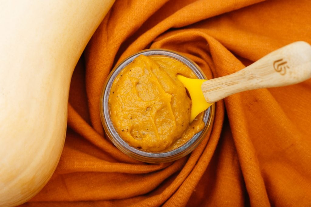 butternut squash puree close up on the table cloth