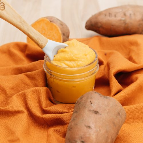 creamy sweet potato puree on table cloth