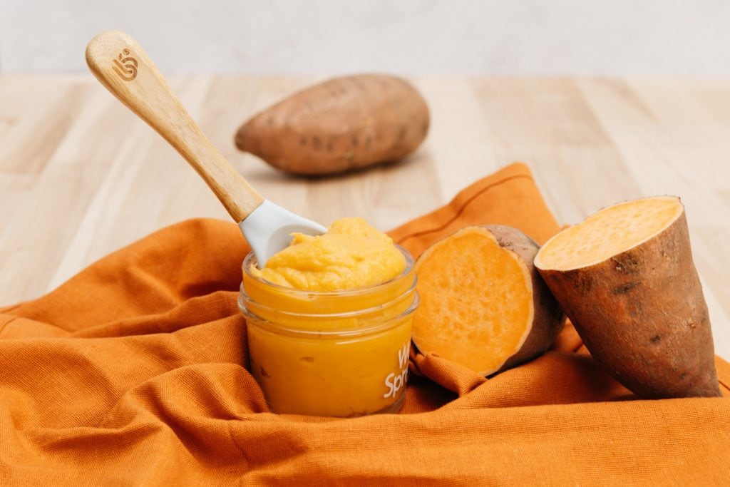 sweet potato baby food in a glass jar